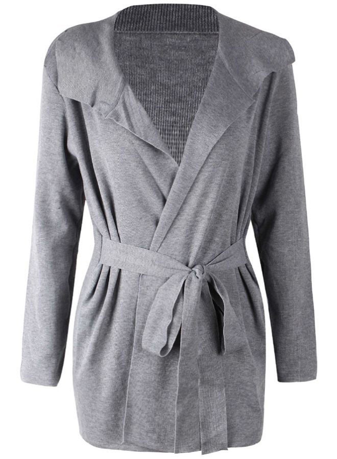 Solid Tie-Waist Knitted Jacket Grey