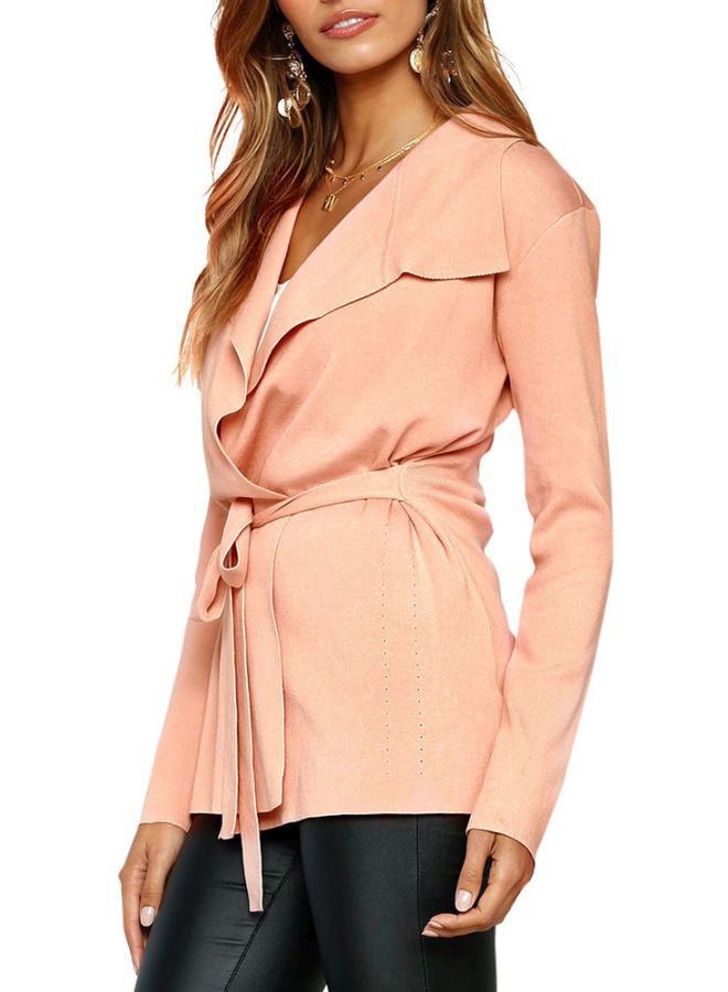 Solid Tie-Waist Knitted Jacket Pink