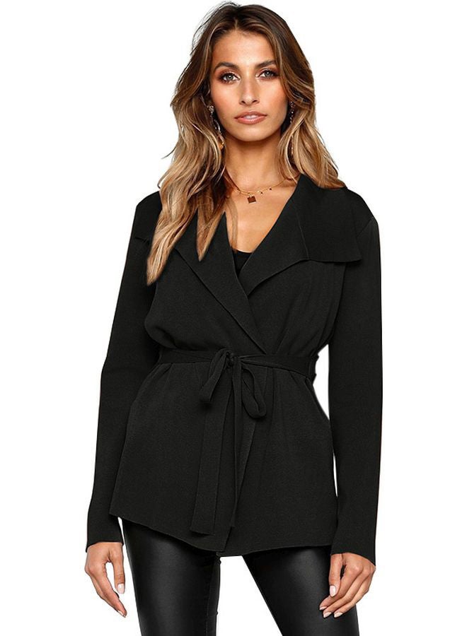 Solid Tie-Waist Knitted Jacket Black