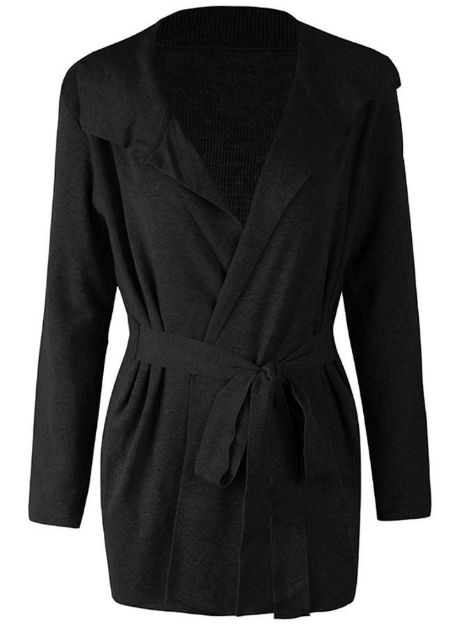 Solid Tie-Waist Knitted Jacket Black