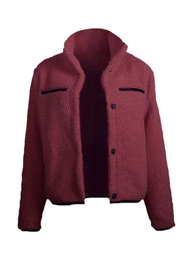 Front Pocket Detail Furry Coat Burgundy