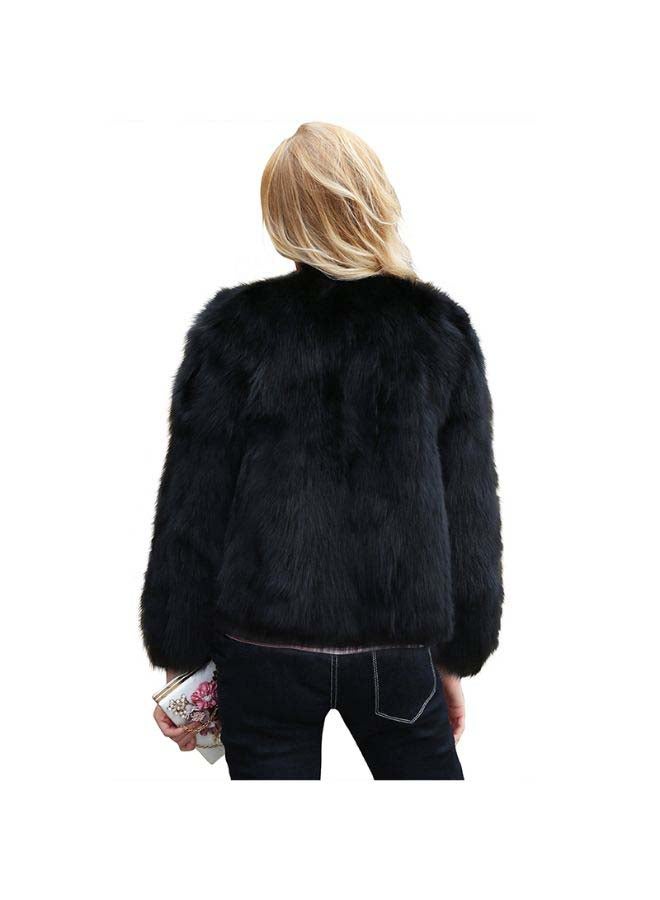 Winter Women Faux Fur Coat Solid Color Long Sleeve Fluffy Outerwear Short Jacket Hairy Warm Overcoat Black