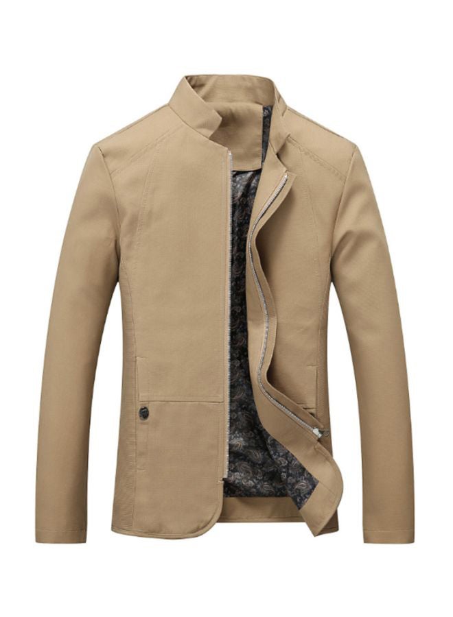 Solid Slim Fit Jacket Khaki