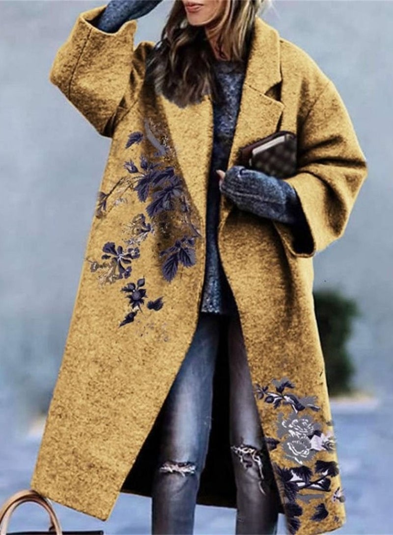 Women's Long Sleeve Lapel Coat Printed Long Yellow