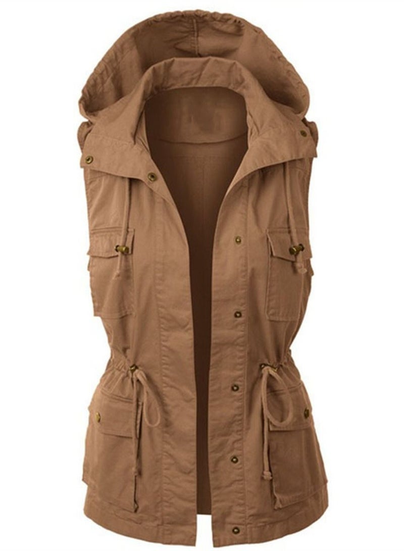 Hooded Drawstring Sleeveless Coat Brown