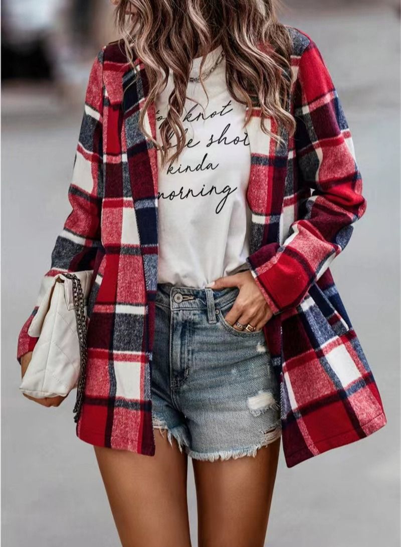 Women's Loose Plaid Printed Long Sleeve Pocket Woolen Coat