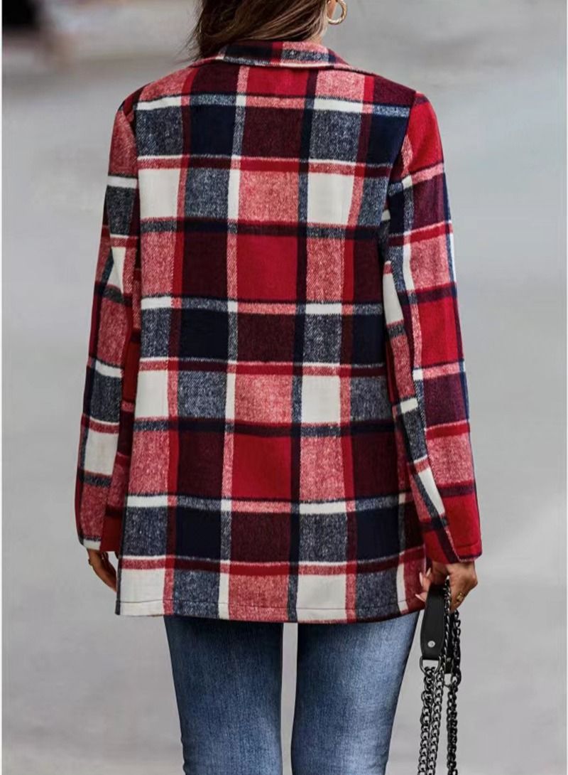 Women's Loose Plaid Printed Long Sleeve Pocket Woolen Coat