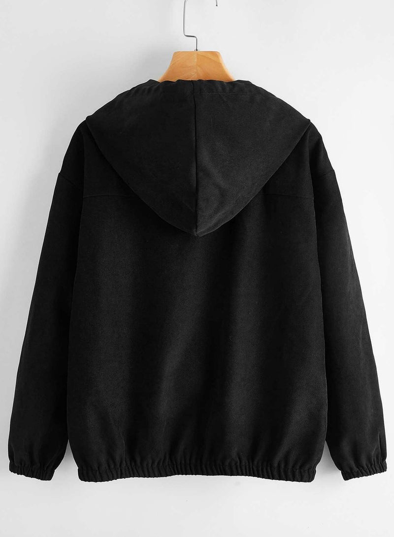 Zip Up Drawstring Hooded Corduroy Jacket