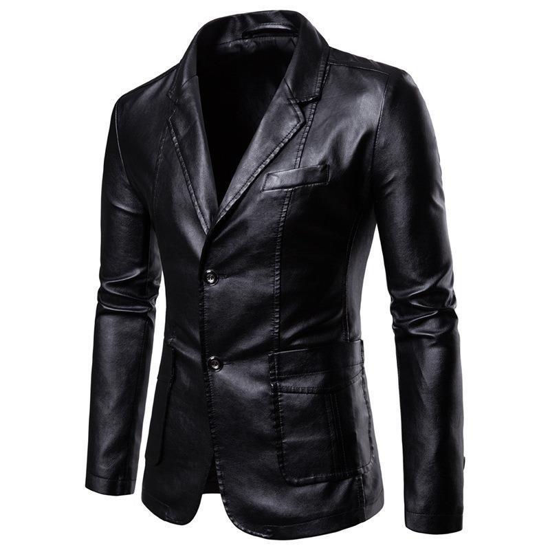 2023 Slim Fit Mens PU Blazer Casual Leather JacketBlack Black