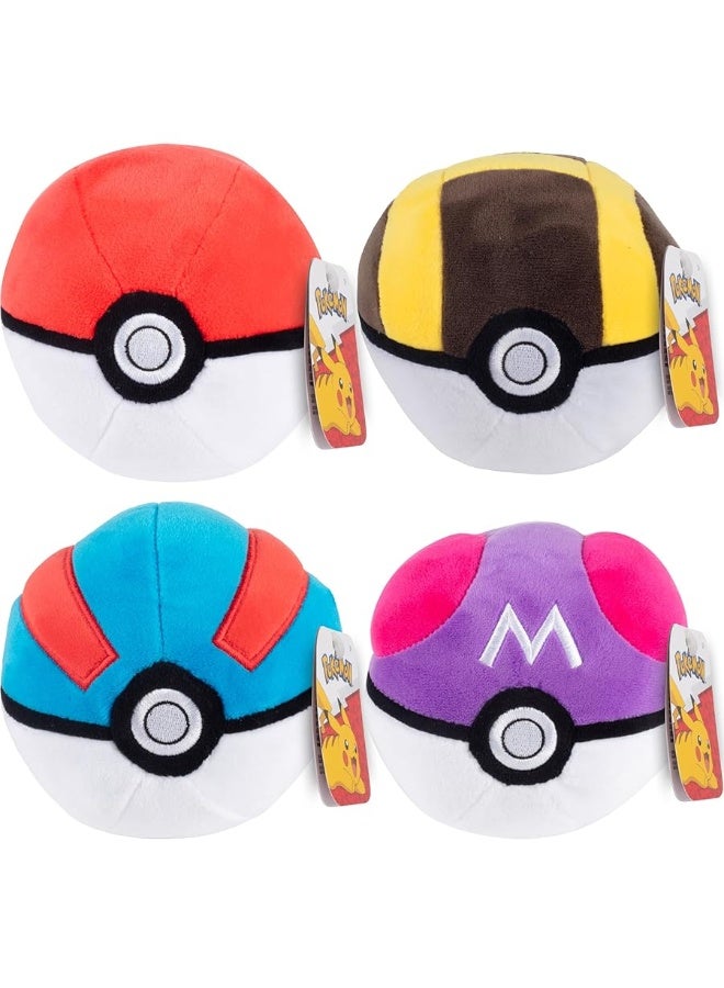 Pokemon 5 Pok Ball Plush 4Pack  Pokeball Great Ultra Master  Officially Licensed  Soft Stuffed Toy Balls with Weighted Bottom  Halloween Accessory  Gift for Kids Girls Boys Fans