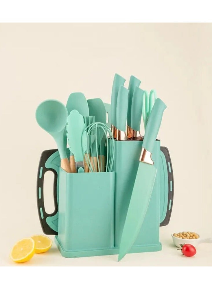 19-Pieces Kitchen Utensil Sets Silicone Gel Tools with Wooden Handle Cooking Utensils Set Non-Stick Cooking Tools with Holder for Easy Storage for Home Kitchen