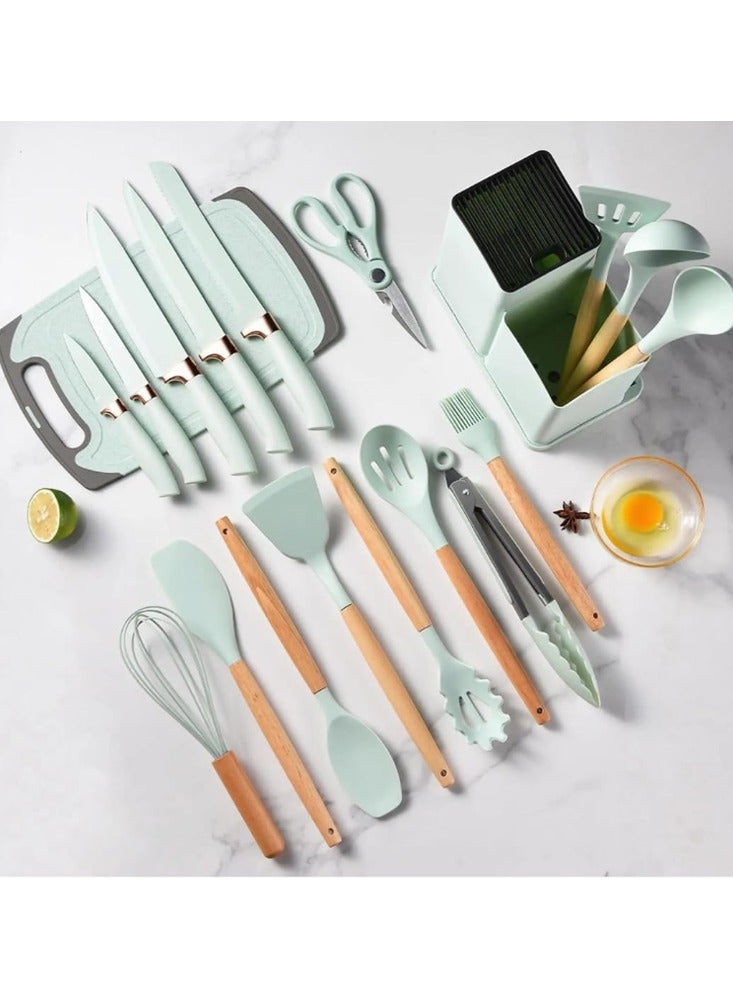 19-Pieces Kitchen Utensil Sets Silicone Gel Tools with Wooden Handle Cooking Utensils Set Non-Stick Cooking Tools with Holder for Easy Storage for Home Kitchen