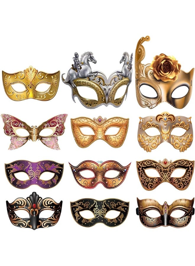Blulu 12 Pcs Mardi Gras Masquerade Mask Paper Masquerade Masks Carnival Prom Venetian Masks Half Retro Masquerade Mask Mardi Gras Christmas Costume Fancy Dress Party Supplies(Stylish Style)