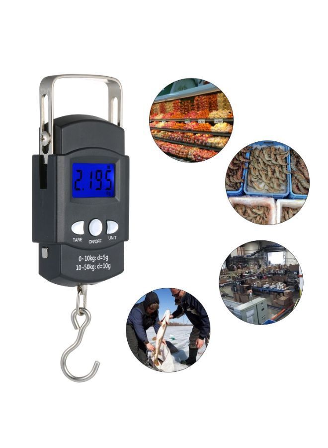 Portable Digital Backlit LCD Screen Fish Hook Hanging Luggage Scale Black