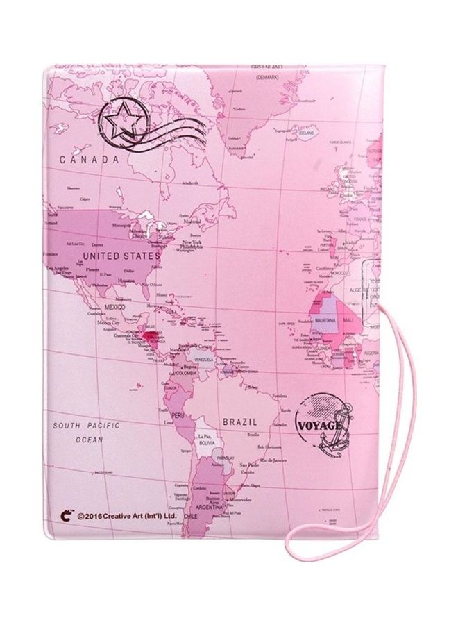 World Map Printed Passport Holder Pink