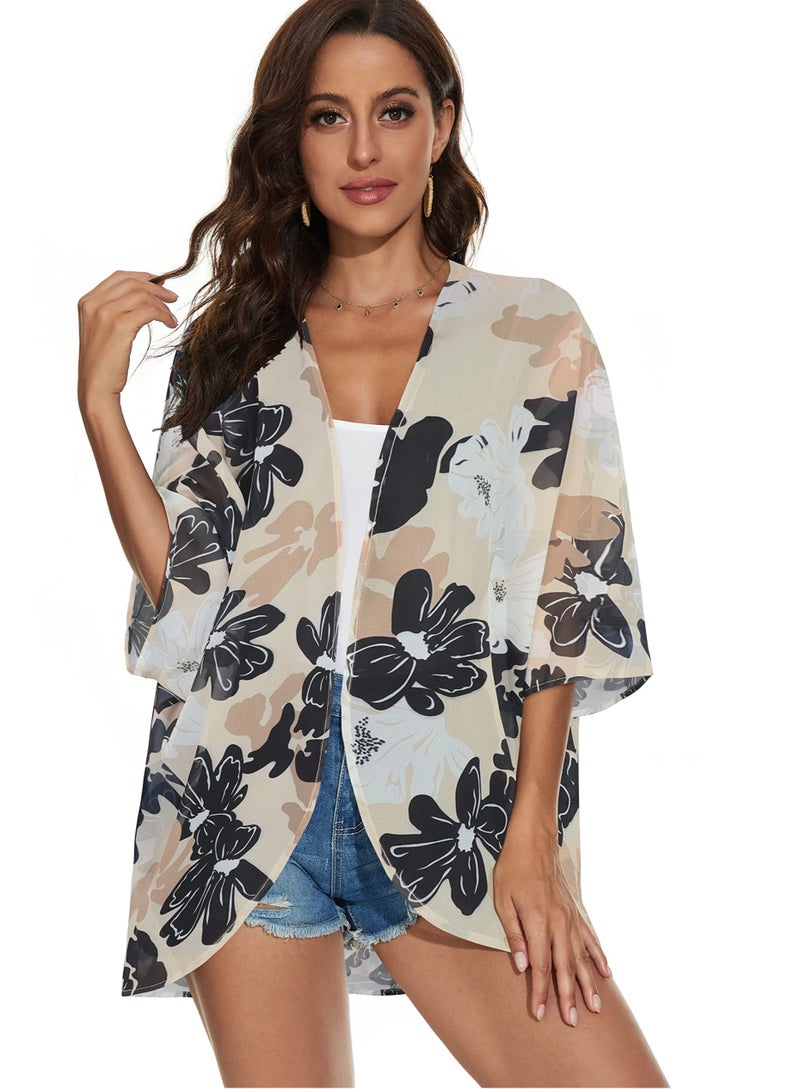 Women's Floral Print Puff Sleeve Kimono Cardigan Loose Cover Up Casual Blouse Tops, Dasiy Khaki