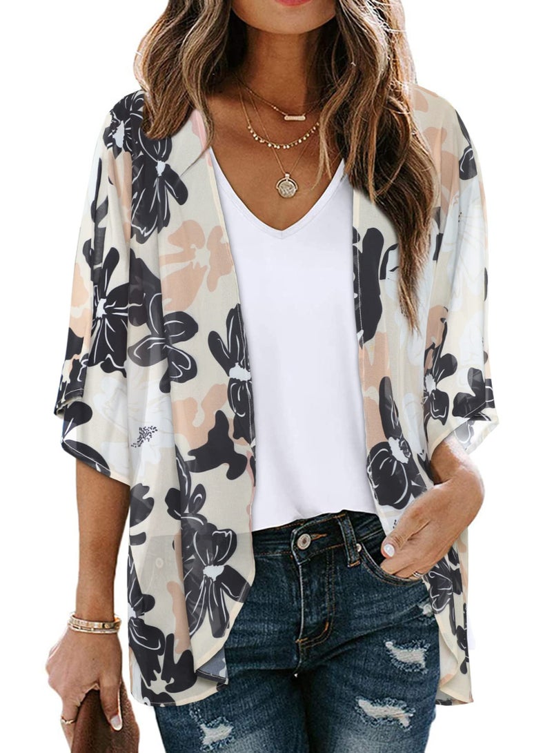 Women's Floral Print Puff Sleeve Kimono Cardigan Loose Cover Up Casual Blouse Tops, Dasiy Khaki