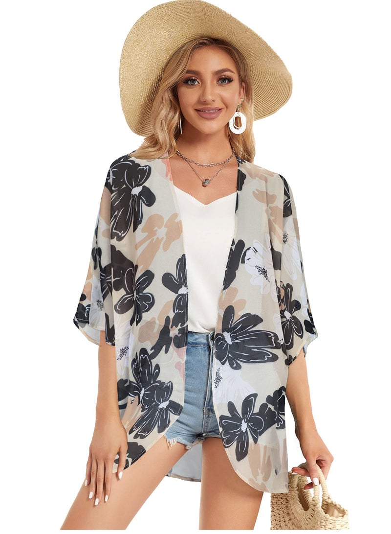 Women's Floral Print Puff Sleeve Kimono Cardigan Loose Cover Up Casual Blouse Tops, Dasiy Khaki