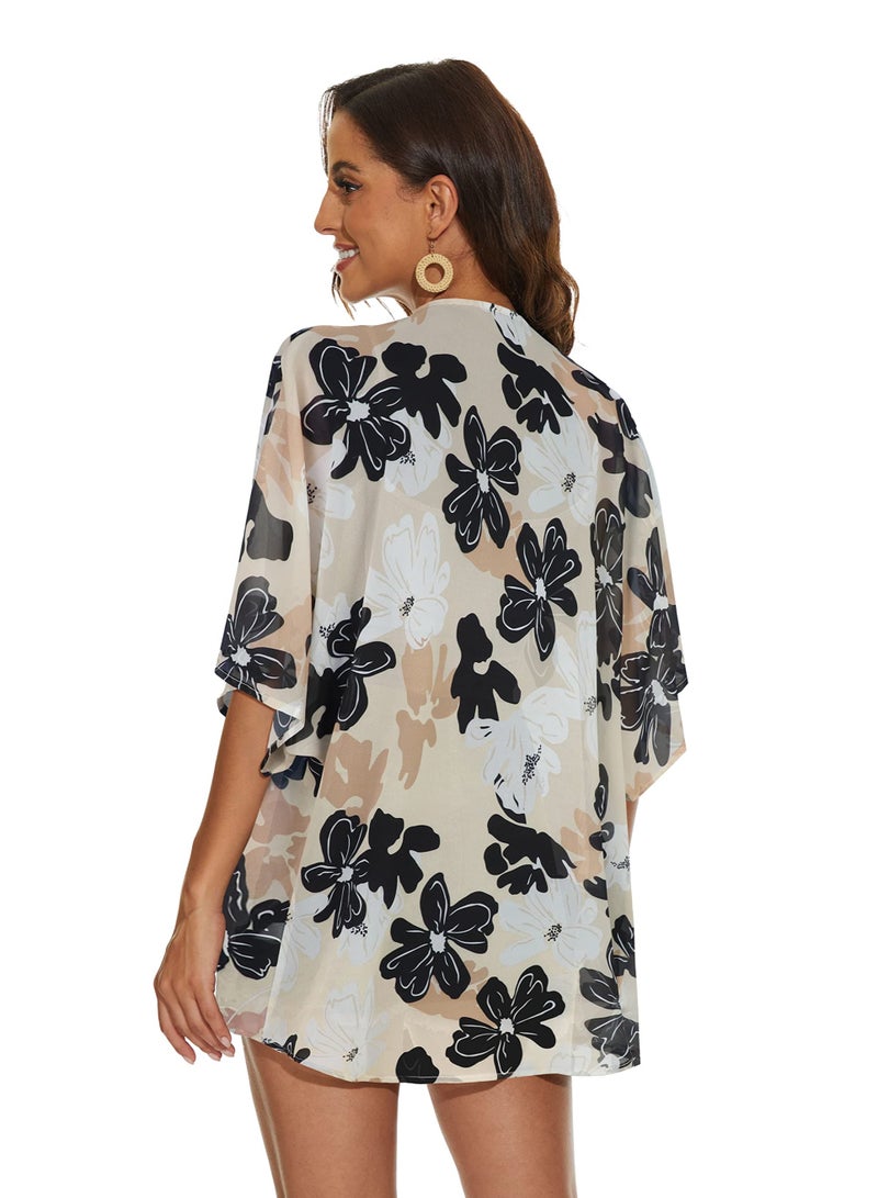 Women's Floral Print Puff Sleeve Kimono Cardigan Loose Cover Up Casual Blouse Tops, Dasiy Khaki