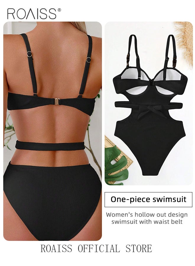 One Piece Backless Bikini Swimsuit for Women Quick Drying and Skin Friendly Solid Color Push up Swimming Suits with Belt Ladies Slim Fit Surf Beach Wear Resort Hot Spring Wear