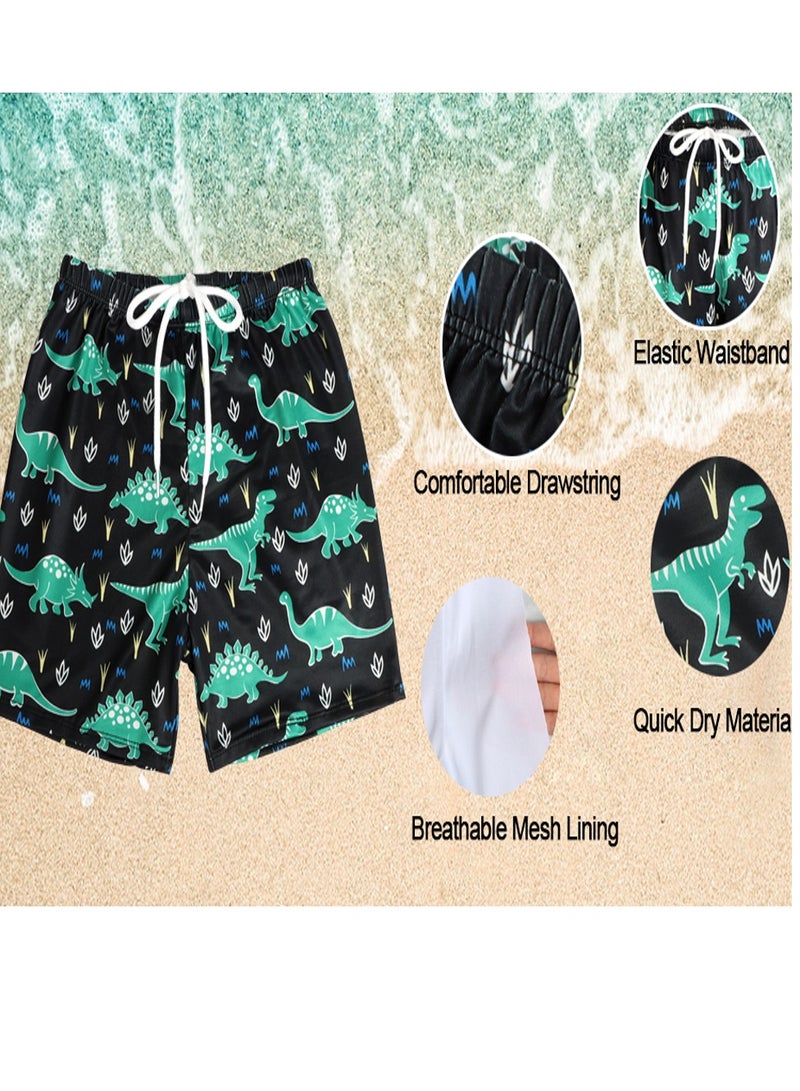 Boys Swim Trunks Quick Dry Board Shorts with Inner Mesh Liner Elastic Waistband and Drawstring Closure 3D Print Dinosaurs