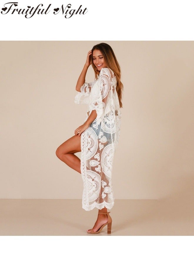 Women Swimsuit Cover Up Bathing Suit Kimono Long Beach Dress Floral Lace Bikini Swim Coverup