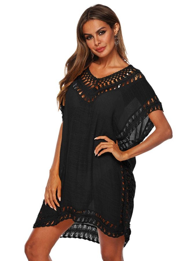 Semi Sheer Hollow Out Beach Cover Up Black