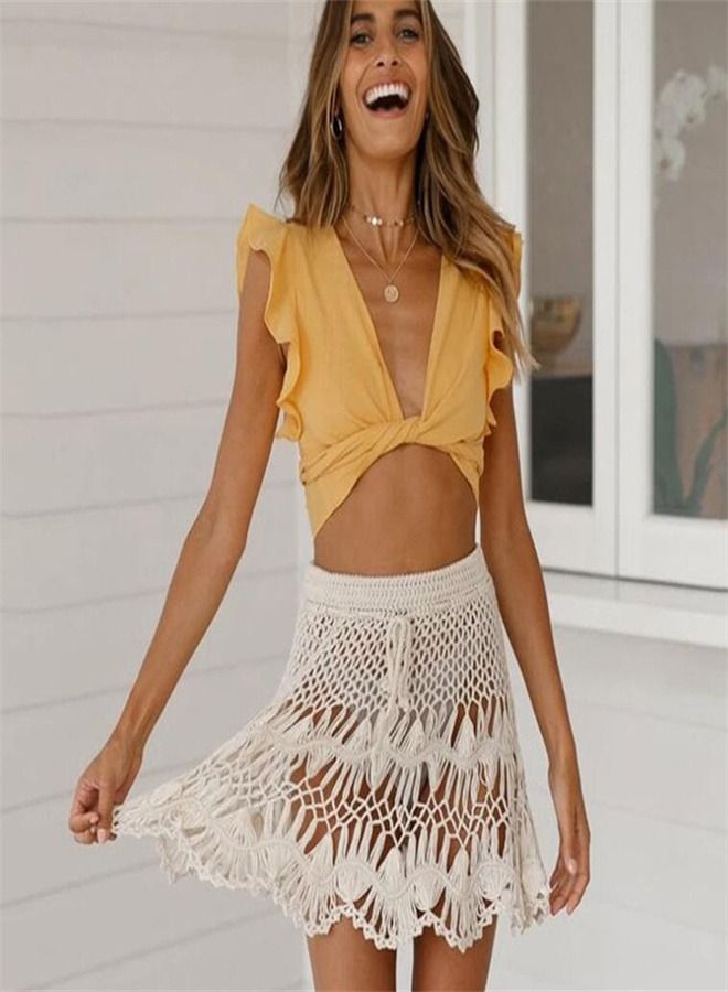 Solid Crochet Cut-Out Beach Skirt White