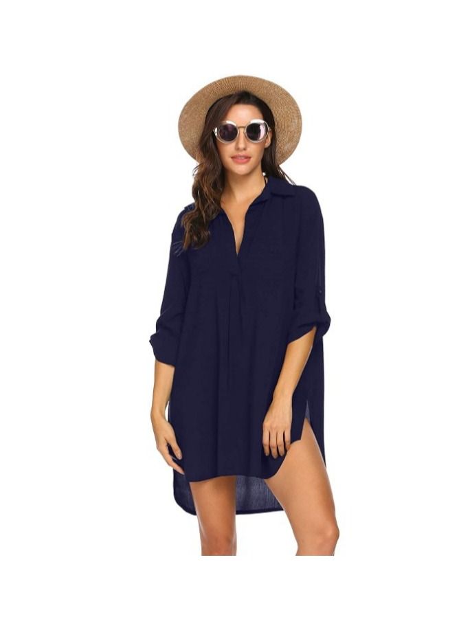 Women's Swimsuit Beach Cover Up Shirt Bikini Beachwear Bathing Suit Beach Dress Nave Blue