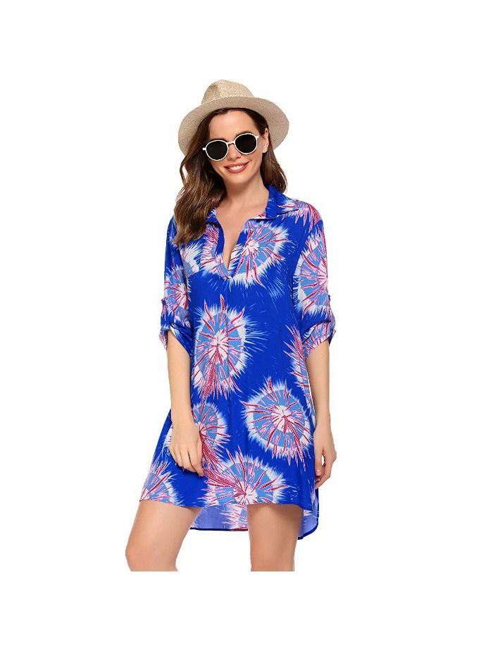 Women's Swimsuit Beach Cover Up Shirt Bikini Beachwear Bathing Suit Beach Dress Dark Blue