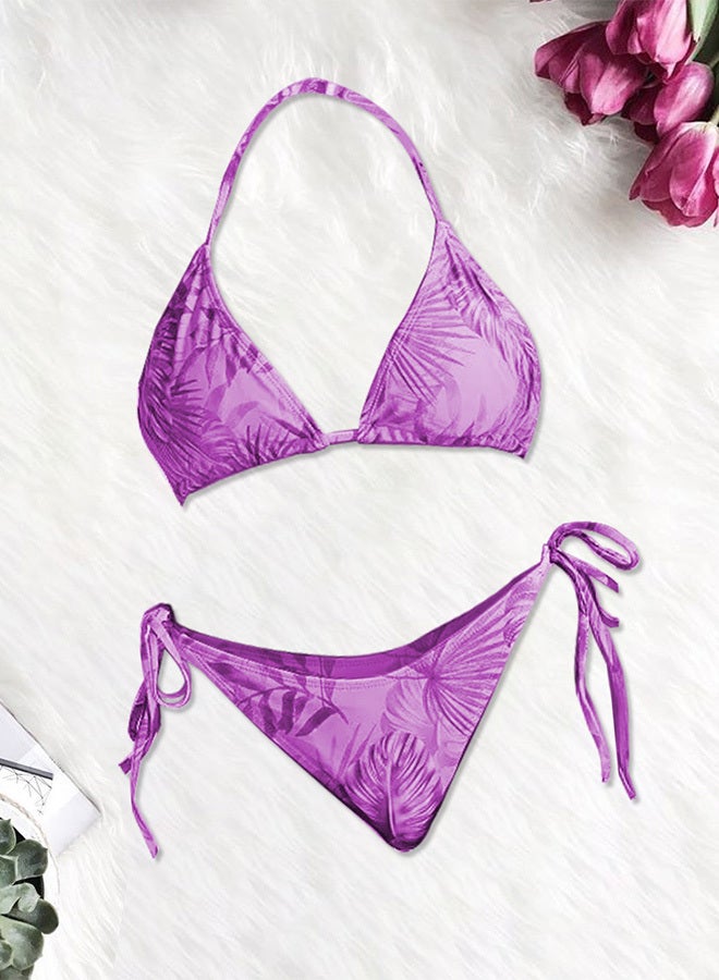 Three-piece Digital Printing Bikini Ladies Beach Sunscreen Blouse Swimsuit Long Lace Dress Sheer Dress Sheer Kimono Dress Purple