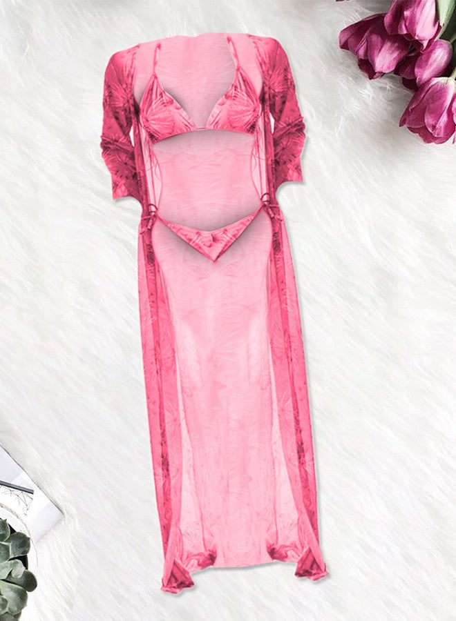 Three-piece Digital Printing Bikini Ladies Beach Sunscreen Blouse Swimsuit Long Lace Dress Sheer Dress Sheer Kimono Dress Pink