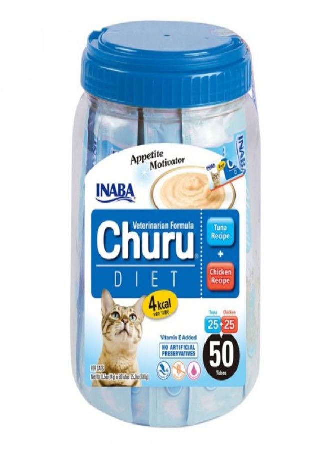 INABA Churu Diet Tuna & Chicken Receipe 50pcs, Inaba Cat Treats, Grain-Free, Lickable, Squeezable Creamy Cat Treat, Creamy cat treats, Toppers for cat foods, Lickable treats for cats