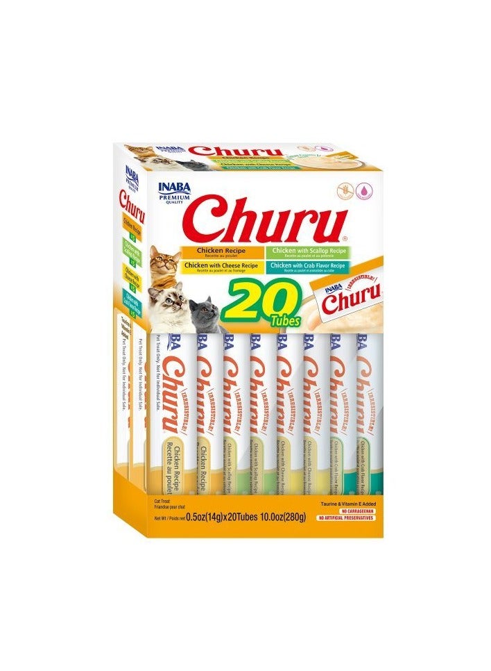 INABA, Churu, Cat Treats, Grain-Free, Lickable, Squeezable Creamy Purée Cat Treat, Topper with Vitamin E & Taurine, 0.5 Ounces Each Tube, 20 Tubes, Chicken Variety Box