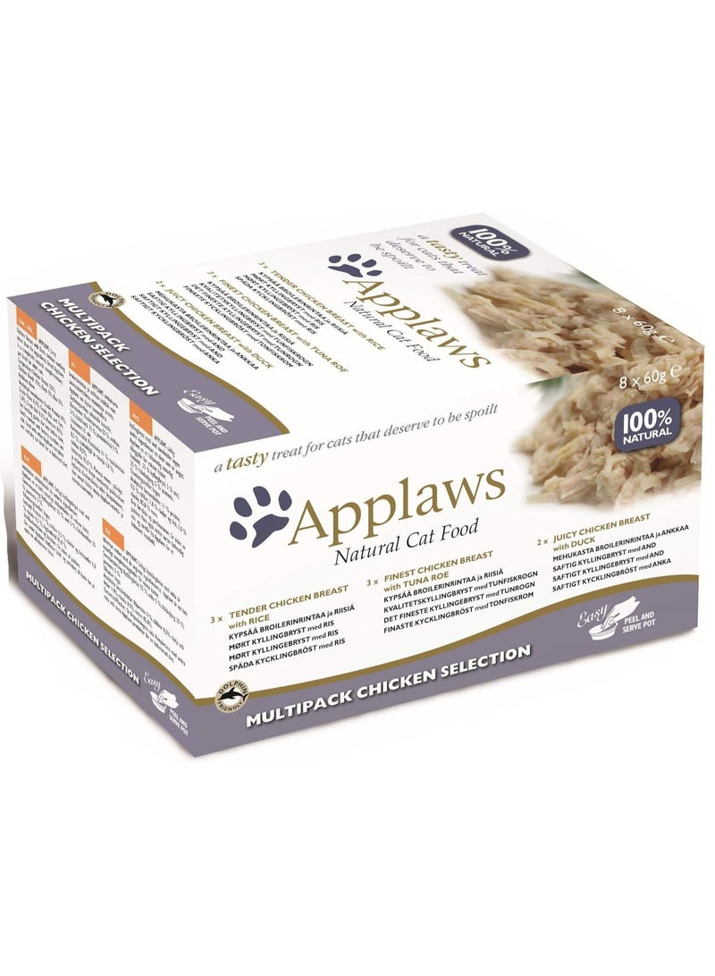 Applaws 100% Natural Wet Cat Food Pot, Multipack Chicken Selection in Broth for Adult Cats - Pack of 8 x 60g Pouches