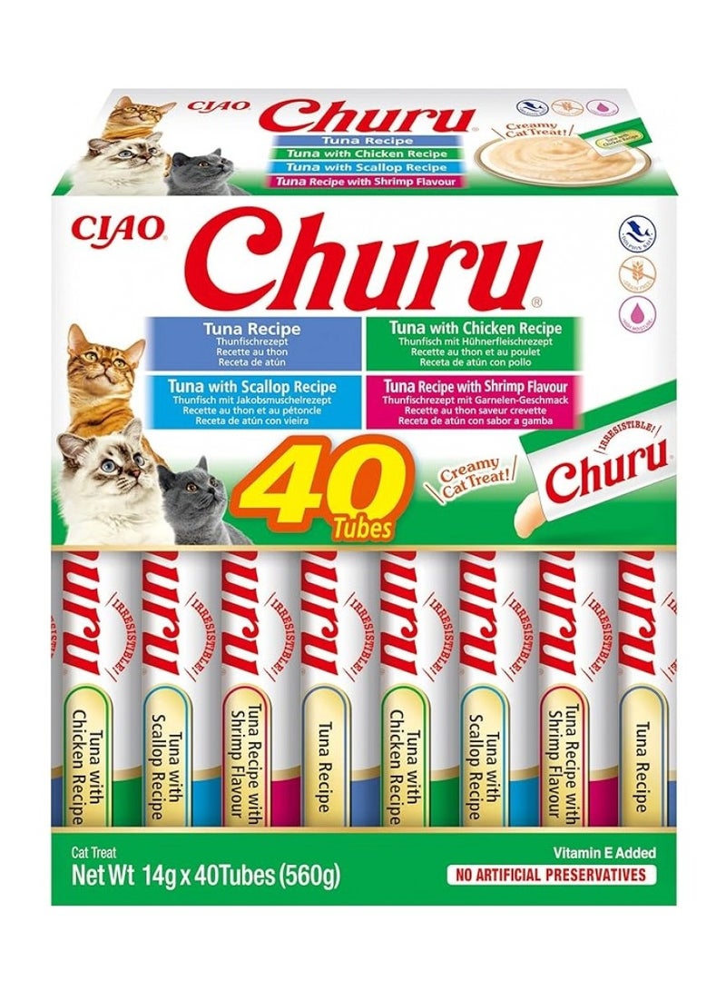 INABA, Churu, Cat Treats, Grain-Free, Lickable, Squeezable Creamy Purée Cat Treat, Topper with Vitamin E & Taurine, 0.5 Ounces Each, 40 Tubes, Tuna & Seafood Variety Box