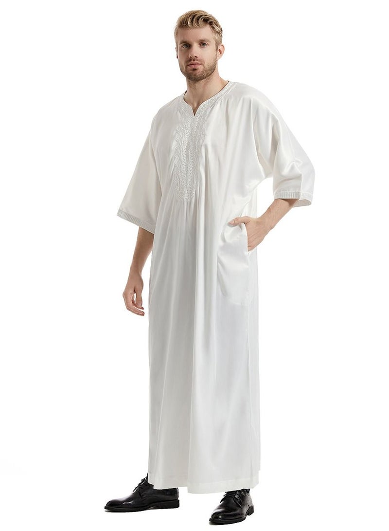 Men's Solid Color Satin Embroidery Half Sleeve Abaya Robe Islamic Arabic Casual Kaftan White