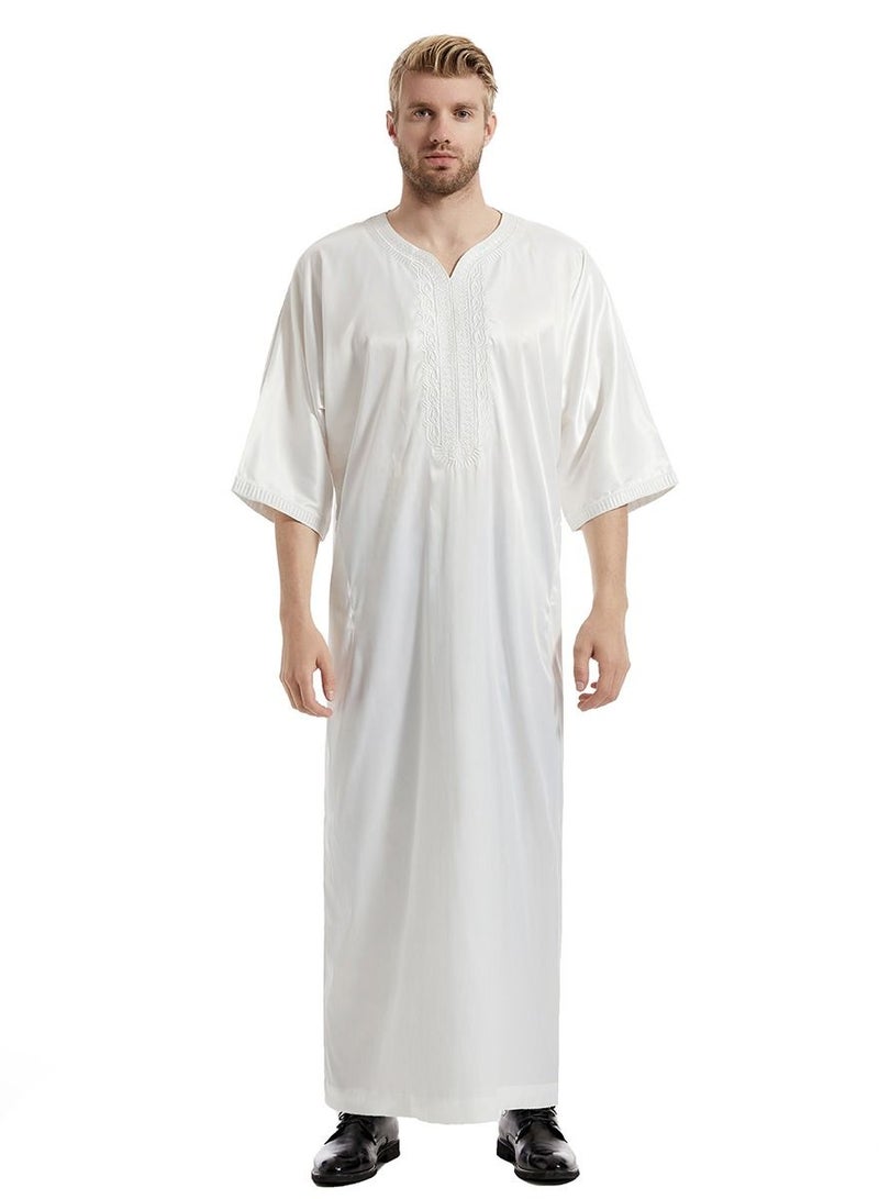 Men's Solid Color Satin Embroidery Half Sleeve Abaya Robe Islamic Arabic Casual Kaftan White