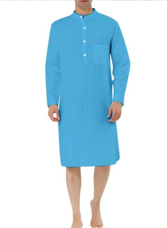 Men's Muslim Stand Collar Robe Thobe Solid Color Long Sleeve Kaftan Casual Shirt Lake Blue