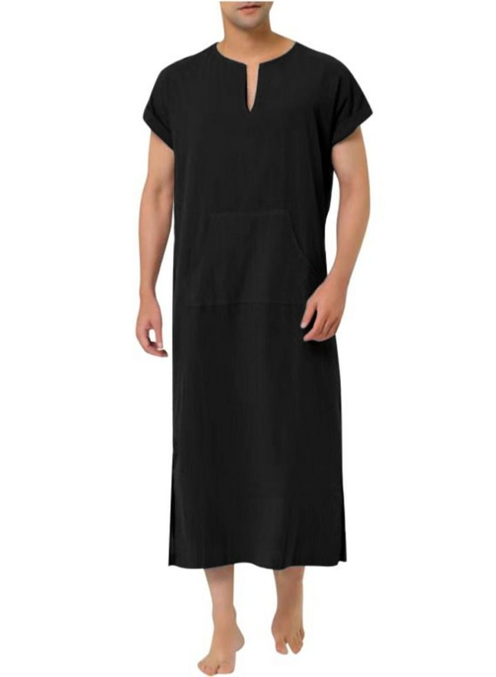 Men's Muslim Solid Color Loose Robe Thobe Short Sleeve Side Split Kaftan Black