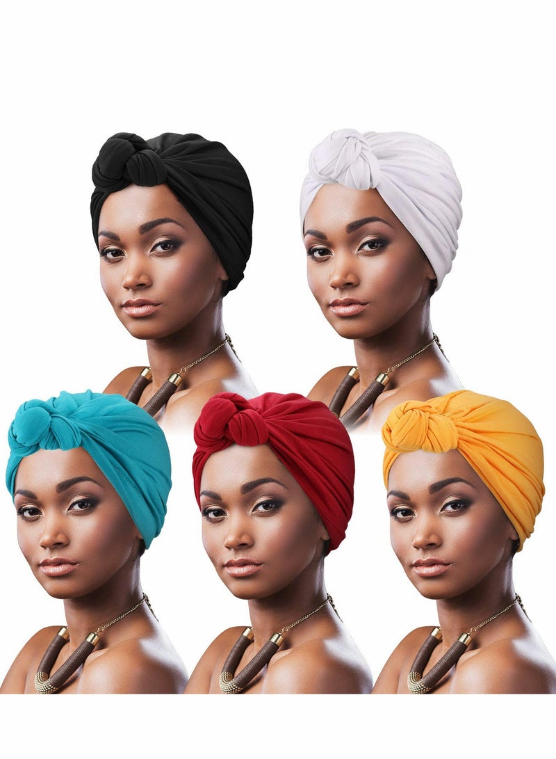 Turbans for Women 5 Pcs Knotted Headwraps Soft Pre Tied Knot Fashion Pleated Turban Cap Beanie Headwrap Sleep Hat