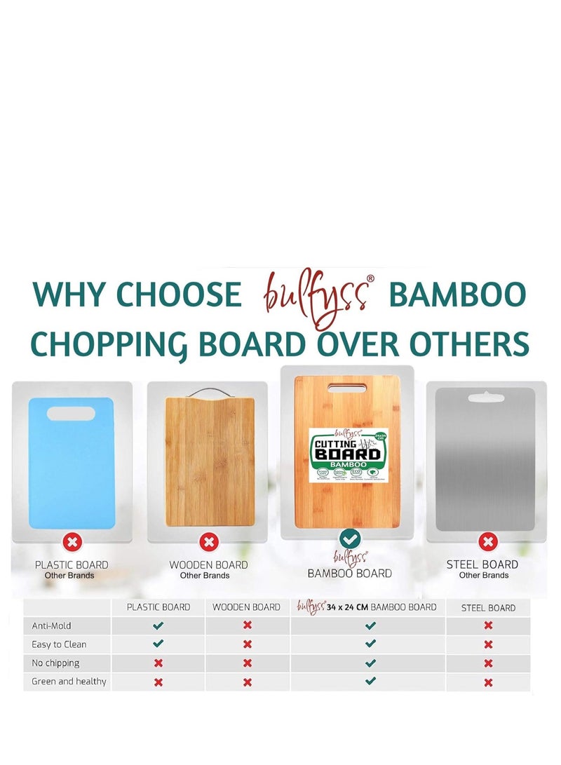 Bulfyss  Large Natural Bamboo Wood Chopping Cutting Board for Kitchen Vegetables, Fruits & Cheese, Free, Eco-Friendly, Anti-Microbial (34 x 24cm)