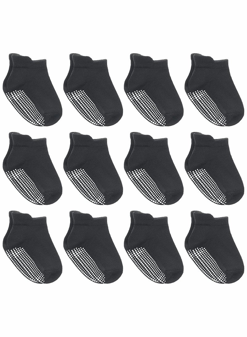 Non Slip Toddler Socks for 1-3 Years Old, Set of 12 Pairs with Anti Skid Grips - Black Athletic Socks