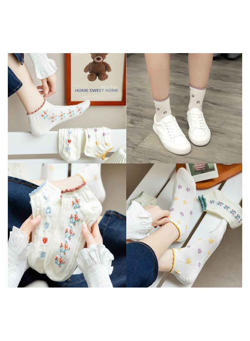 Women's Casual Cotton Crew Socks, Fun Novelty Dress Socks, Floral All-Match Short Low Cut Socks for Autumn and Winter, 5 Pairs One Size Cotton Socks