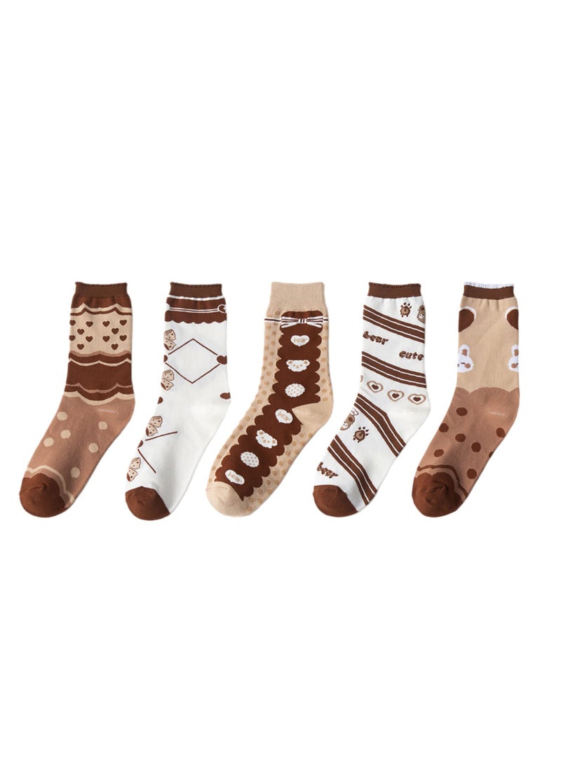 5 Pairs of Women's Combed Cotton Crew Socks, Casual and Fun Novelty Designs, Cute Quarter Dress Socks in Brown, White, and Grey