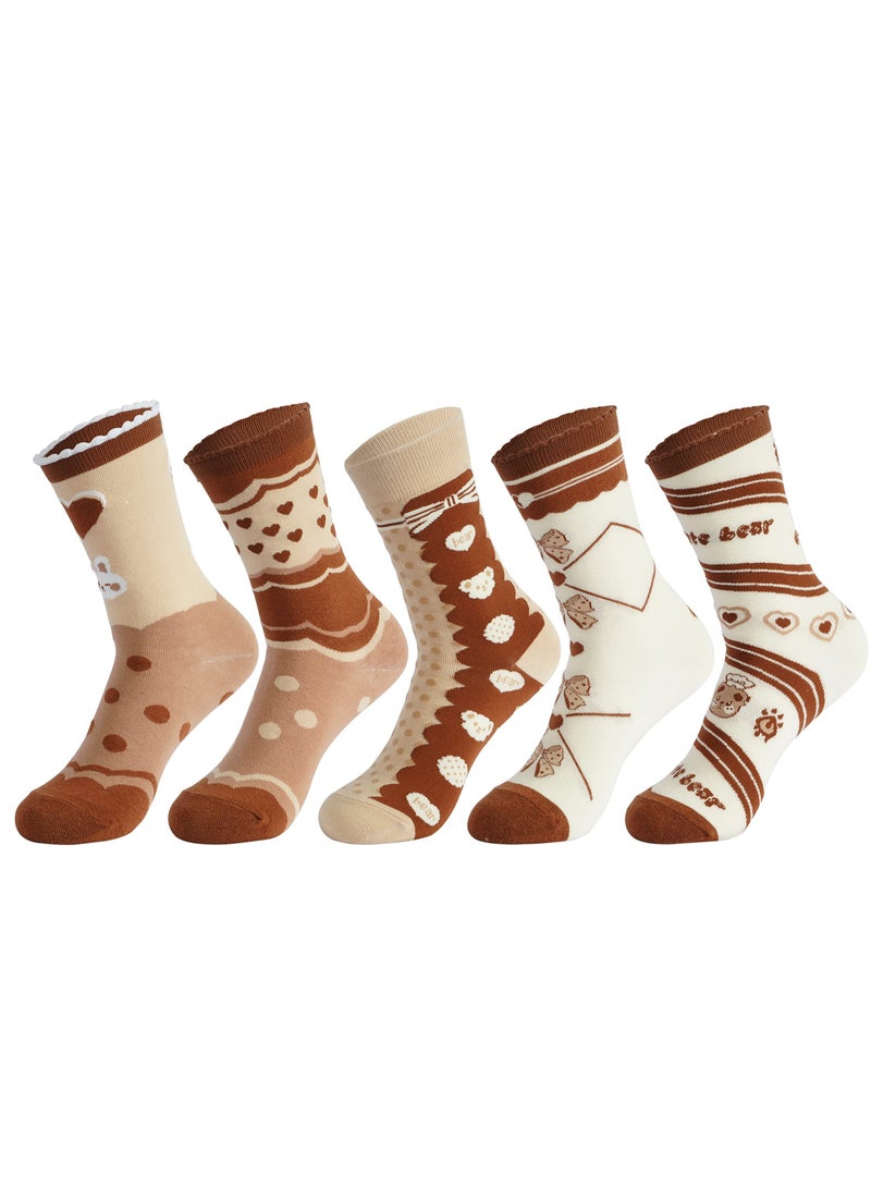 5 Pairs of Women's Combed Cotton Crew Socks, Casual and Fun Novelty Designs, Cute Quarter Dress Socks in Brown, White, and Grey