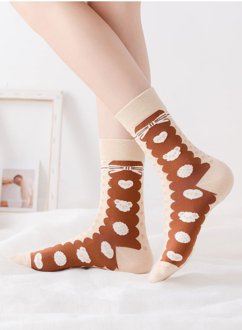 5 Pairs of Women's Combed Cotton Crew Socks, Casual and Fun Novelty Designs, Cute Quarter Dress Socks in Brown, White, and Grey