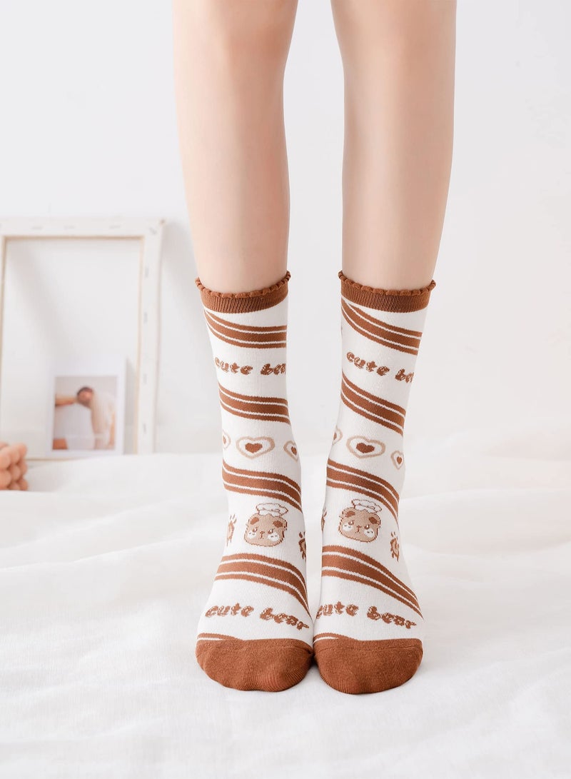 5 Pairs of Women's Combed Cotton Crew Socks, Casual and Fun Novelty Designs, Cute Quarter Dress Socks in Brown, White, and Grey