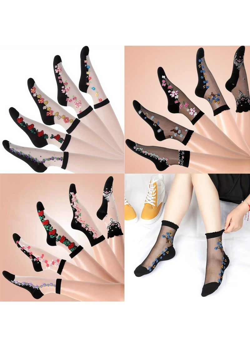 15-Pack Floral Glass Silk Women's Socks - Breathable, Durable & Luxurious, Perfect for Everyday Elegance