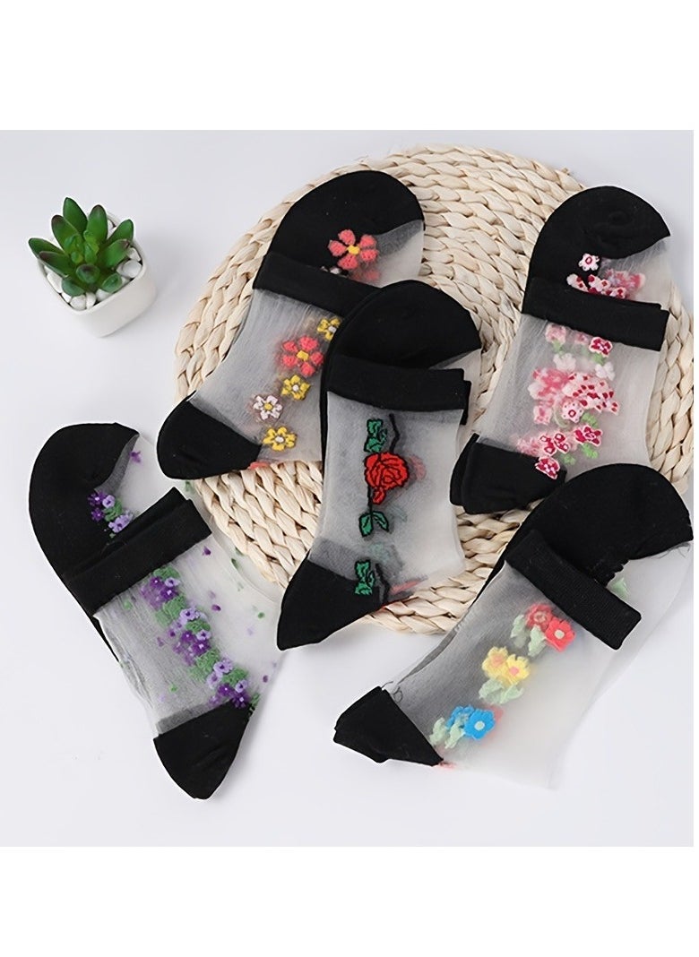 15-Pack Floral Glass Silk Women's Socks - Breathable, Durable & Luxurious, Perfect for Everyday Elegance